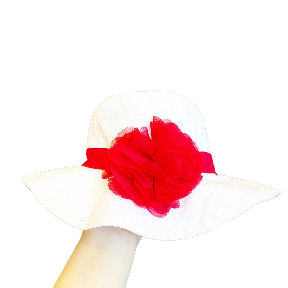 NWT Gymboree Sunhat Buckethat White with Red Flower and Ribbon Size 2T-3T